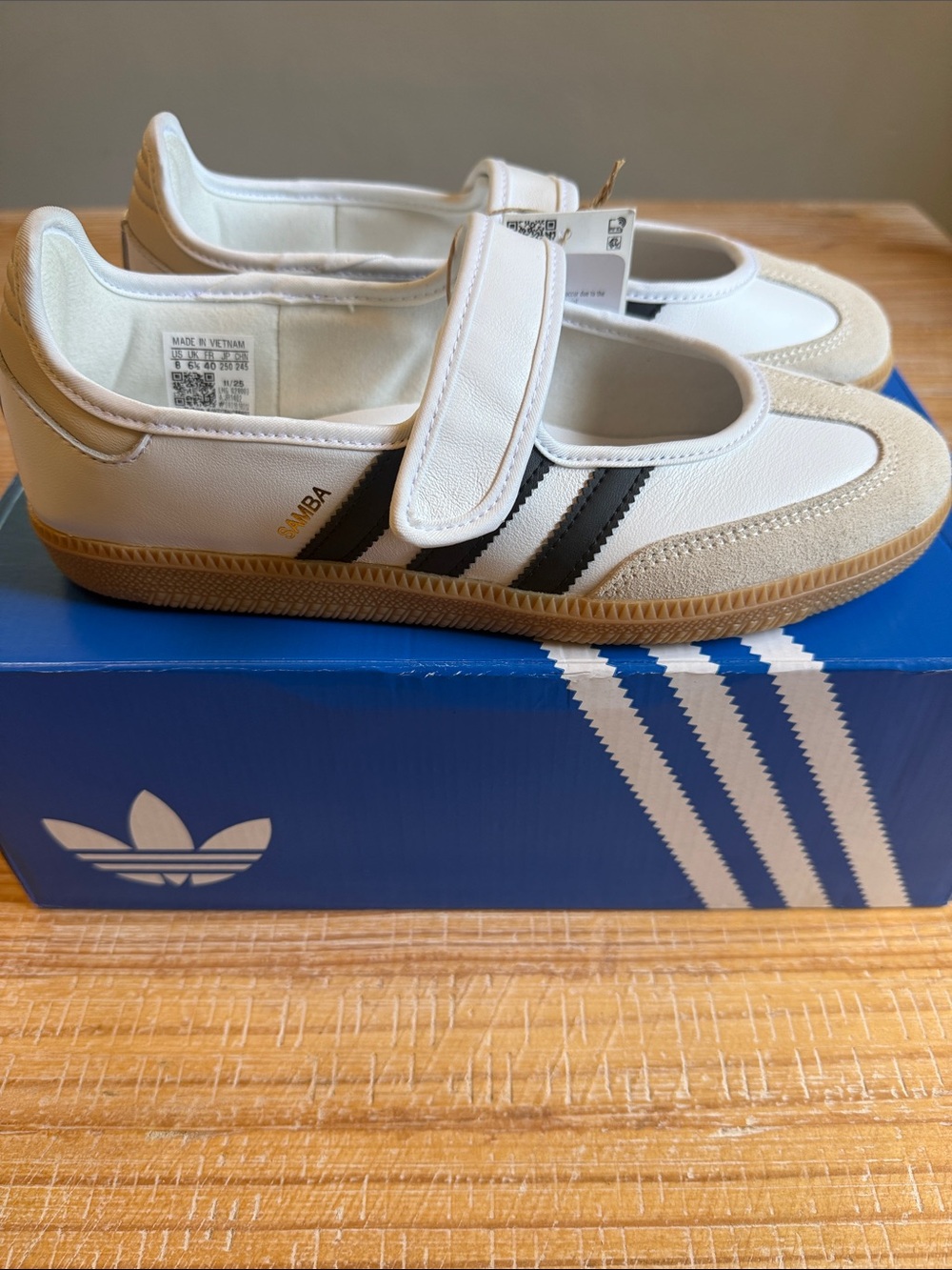 adidas Samba Janes Strap Sneakers in White/Black with Gum Sole